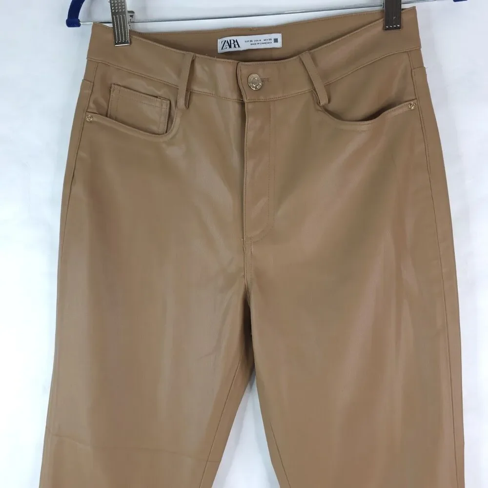 Zara Pants Womens 4 (27x25.5) Vegan Brown Faux Leather Flare Mid Rise‎
